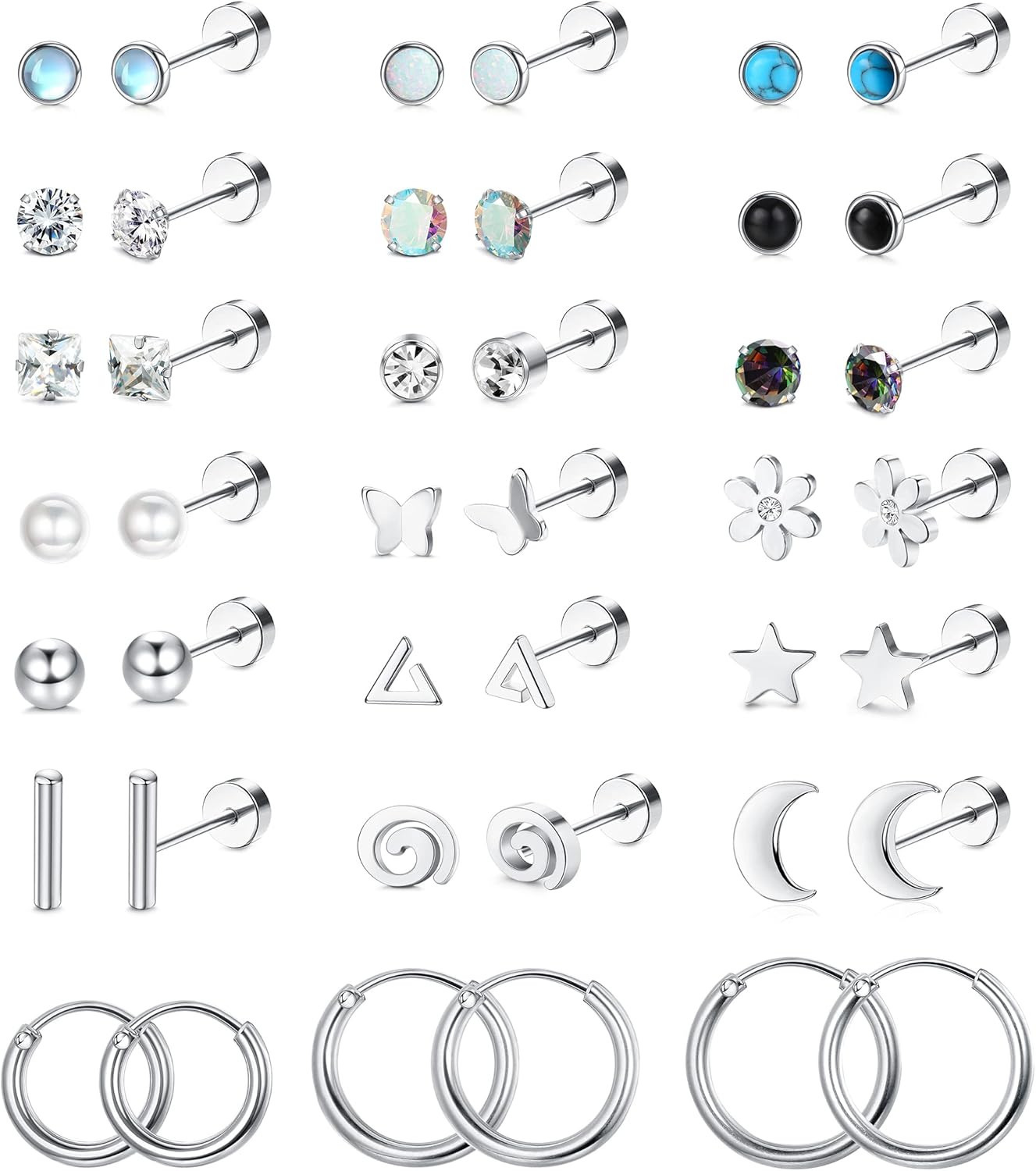 LOLIAS 21Pairs Surgical Steel Flat Back Earrings Hypoallergenic 20G Screw Back N...