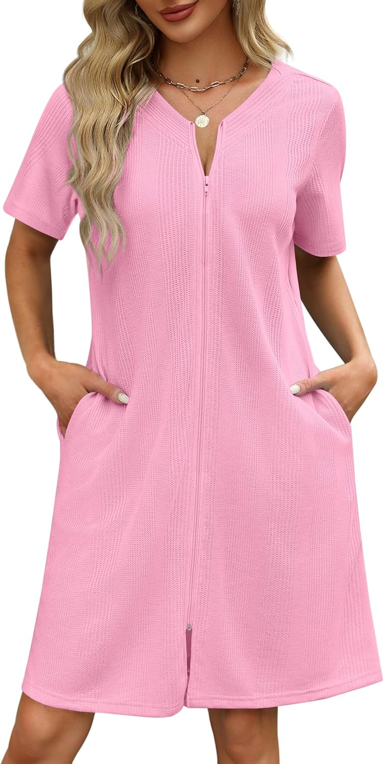 Ekouaer Women Zipper Robes Waffle Short Bathrobe Lightweight House Coat with Poc...