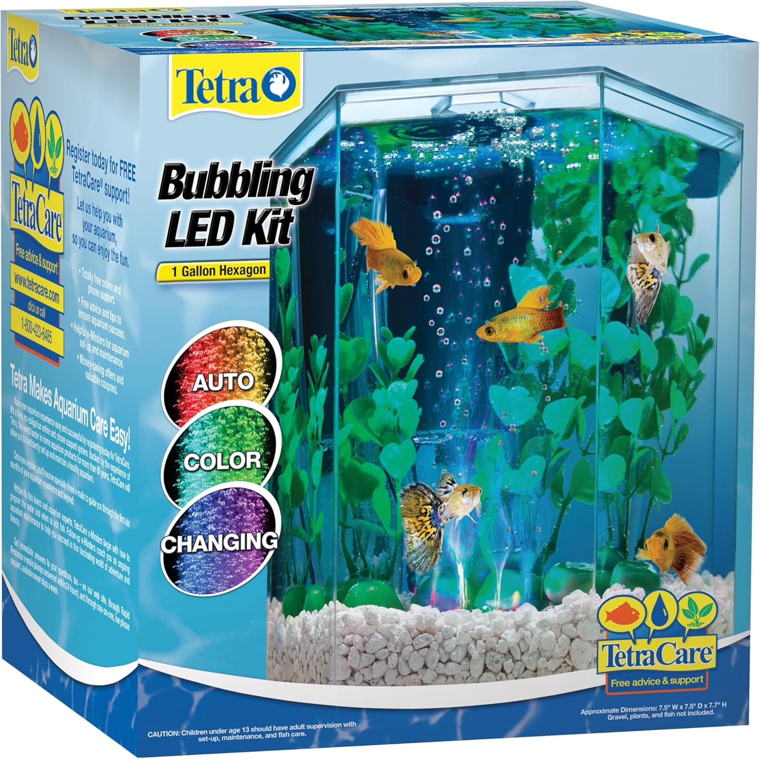 Tetra Bubbling LED Aquarium Kit 1 Gallon, Hexagon Shape, With Color-Changing Lig...