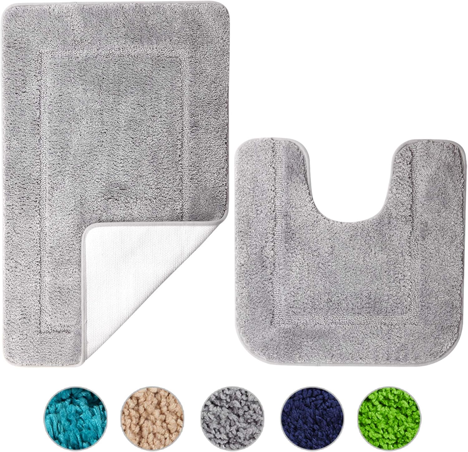 SOANNY Grey Bath Mat Set of 2, High Density Soft Microfiber Non-Slip Bathroom Ma...