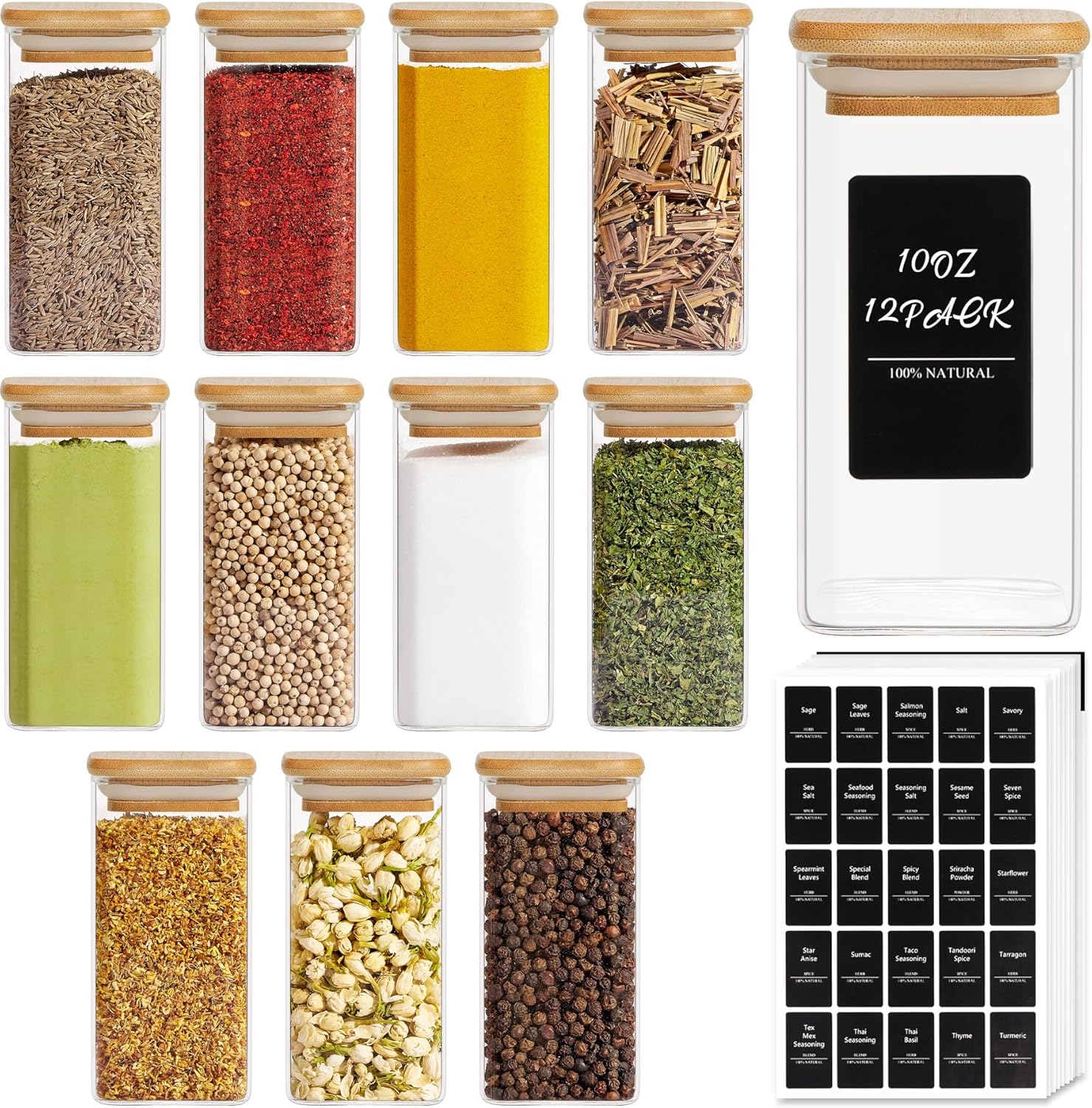 ComSaf 12Pcs Glass Spice Jars with Bamboo Lid, 10oz Airtight Square Containers w...