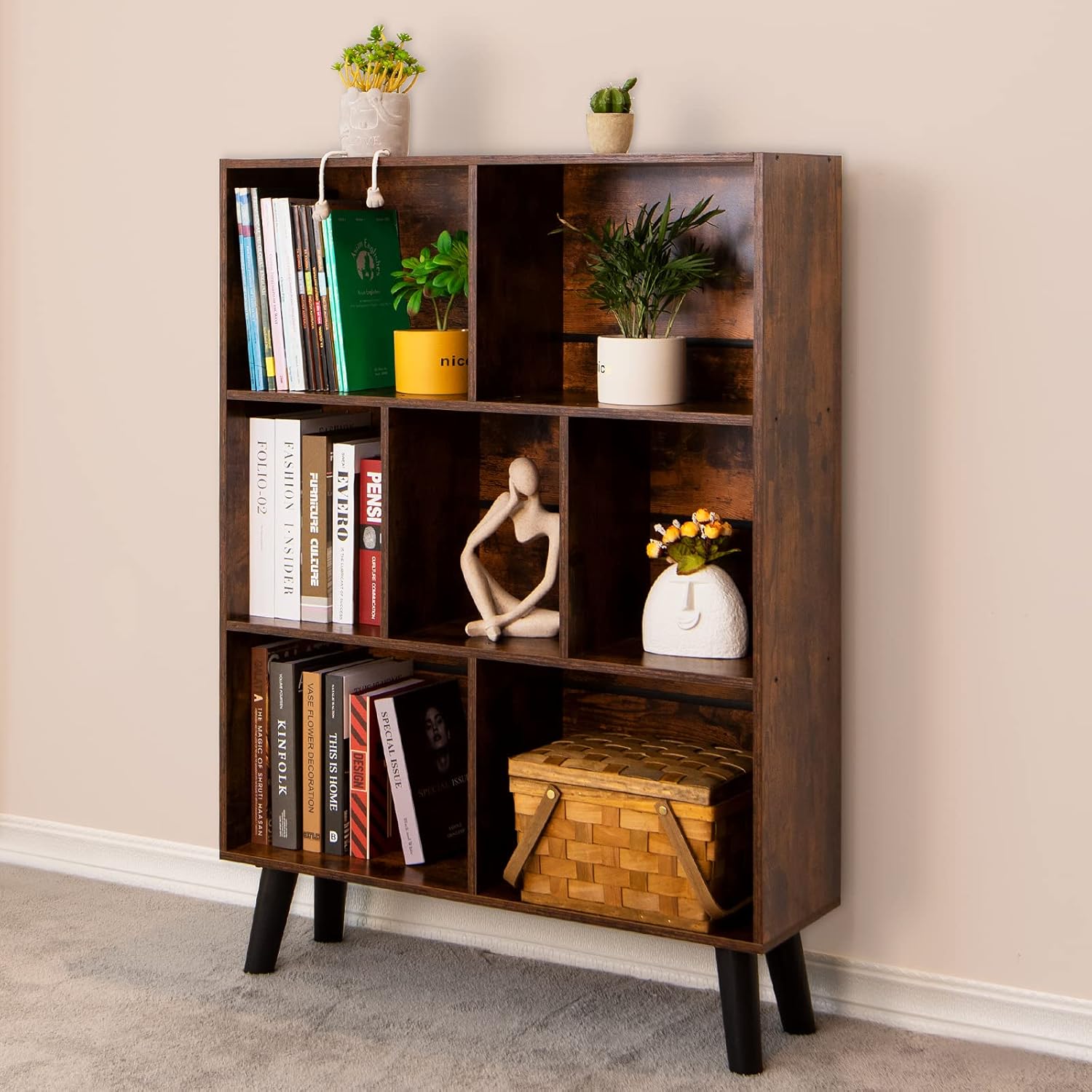 LEYAOYAO Cube Bookshelf 3 Tier Mid-Century Rustic Brown Modern Bookcase with Leg...