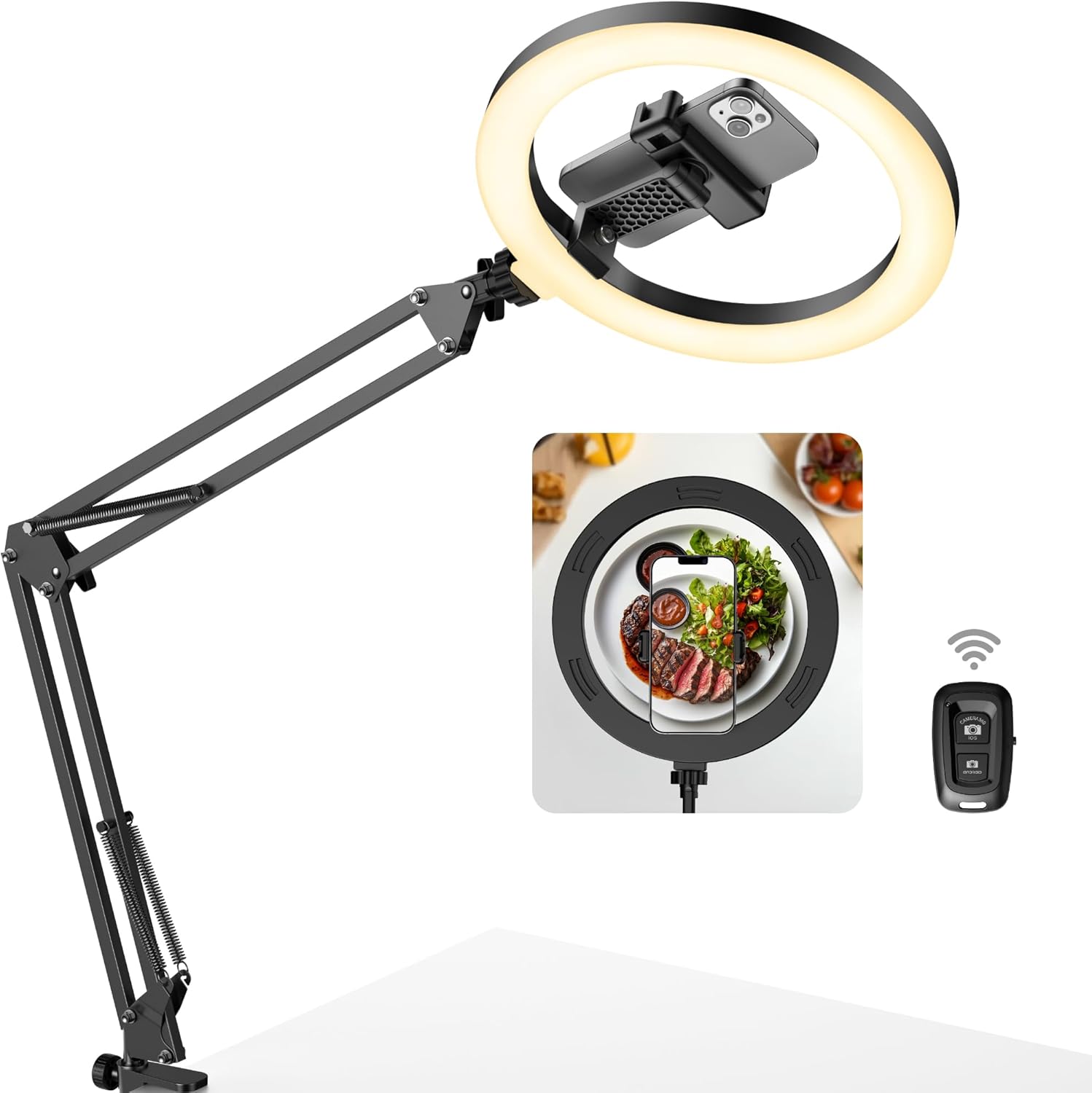 InnoGear Overhead Phone Mount with Ring Light, 10" LED Selfie Ring Light for Des...