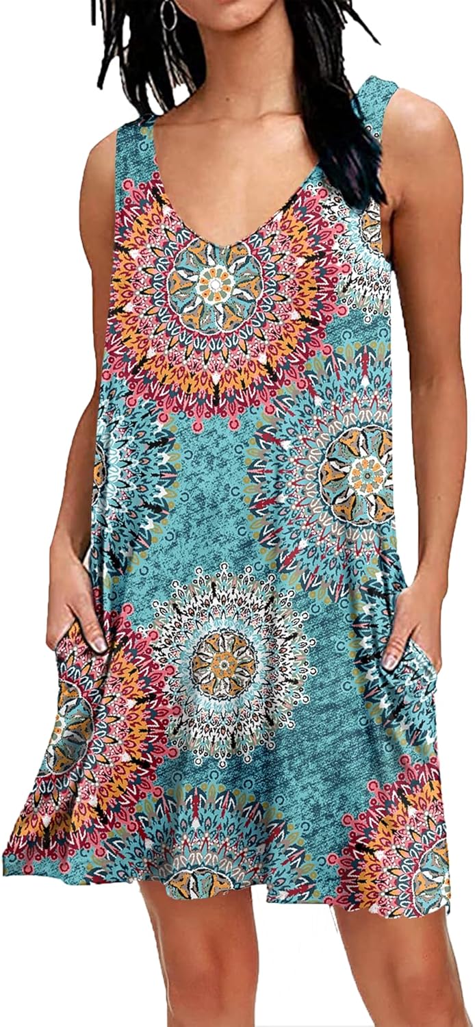 AUSELILY Women's Summer Casual Swing Sleeveless V Neck T-Shirt Dresses with Pock...