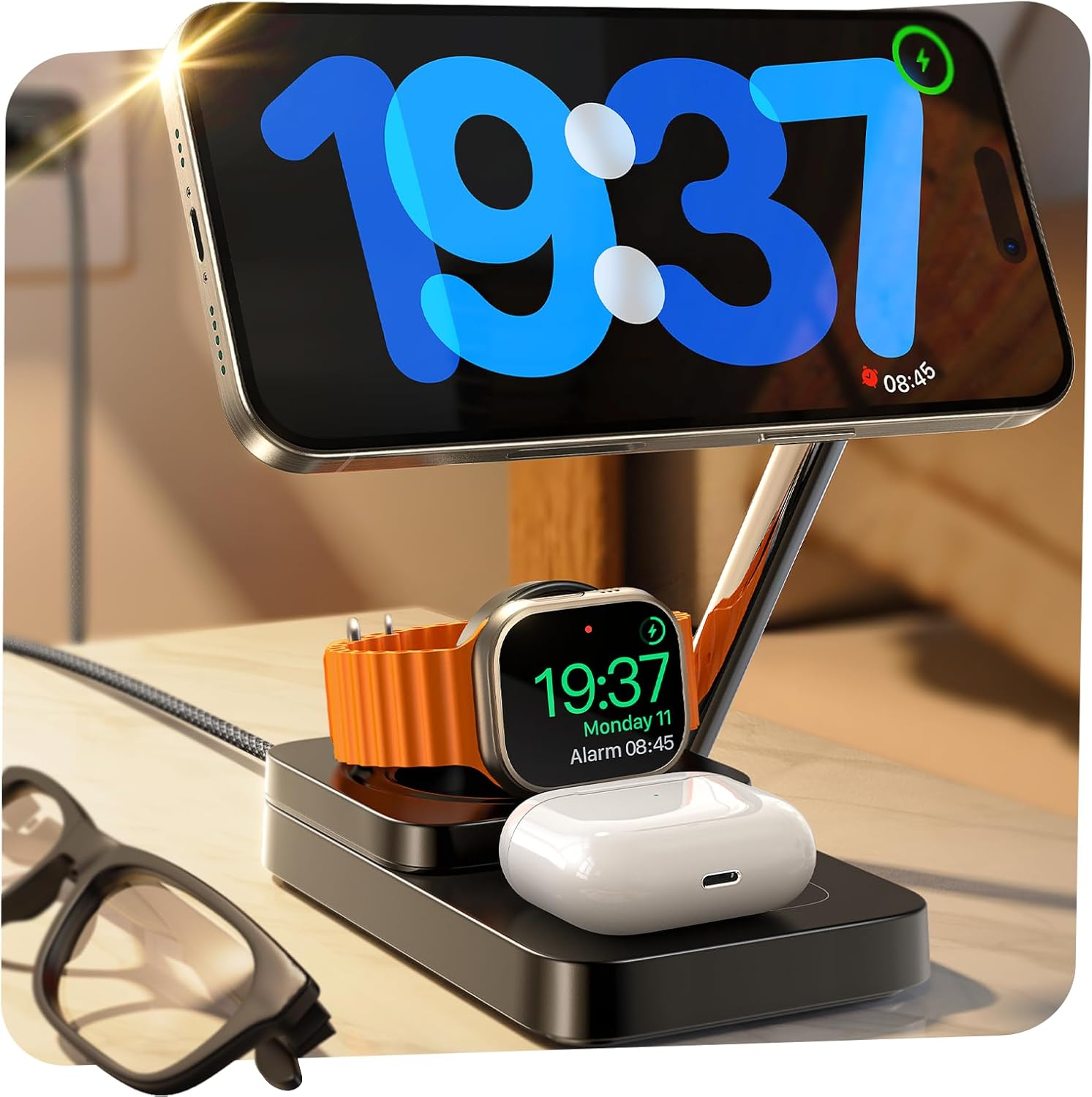 Lisen 3 in 1 Nightstand with Charging Station for...