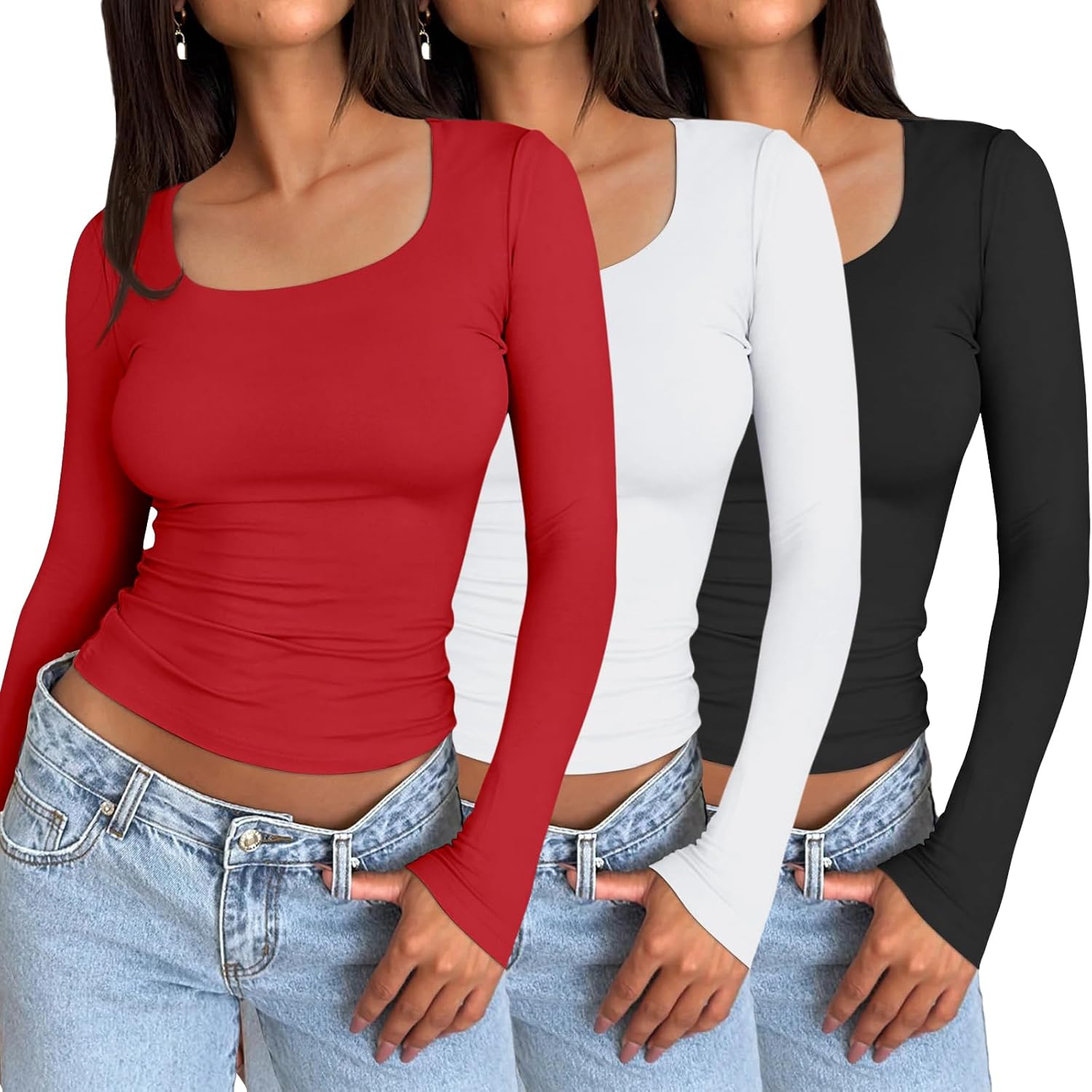 AUTOMET 3 Pack Womens Long Sleeve Shirts Fall Fashion Crop Tops Basic Layer Slim...