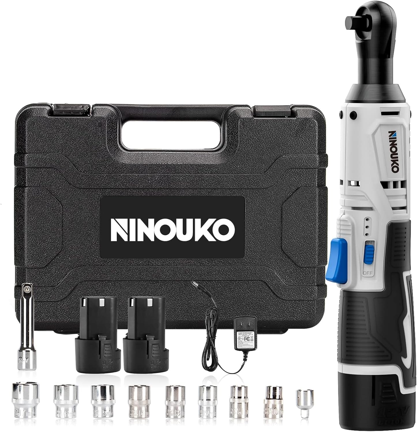 Cordless Ratchet Wrench 12V with 2 Batteries and Charger 400 Ft-lbs 3/8" Electri...
