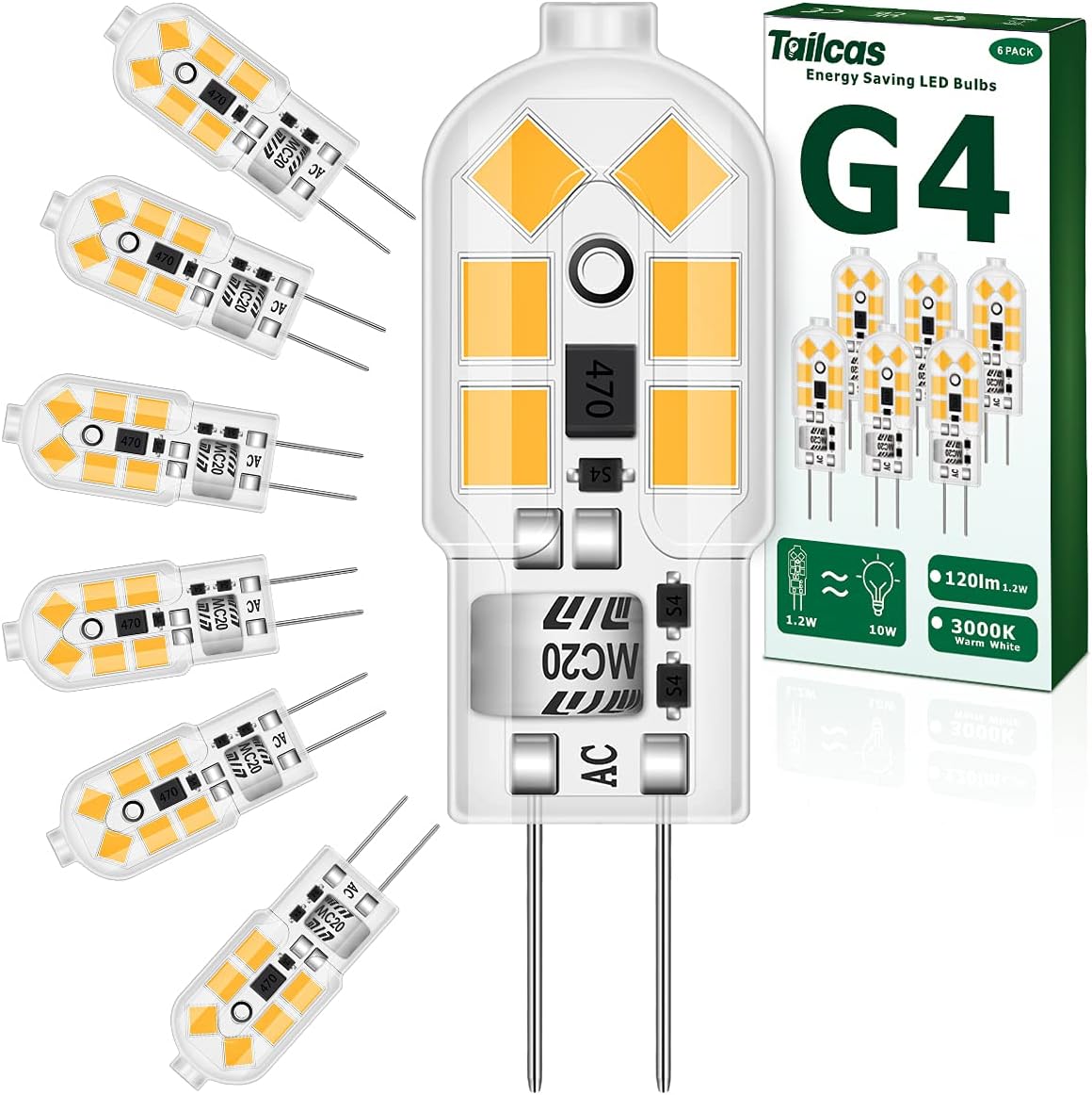 G4 LED Bulbs 1.2W, AC/DC 12V, Warm White 3000K, Equivalent 10W G4 Halogen Lamp,...