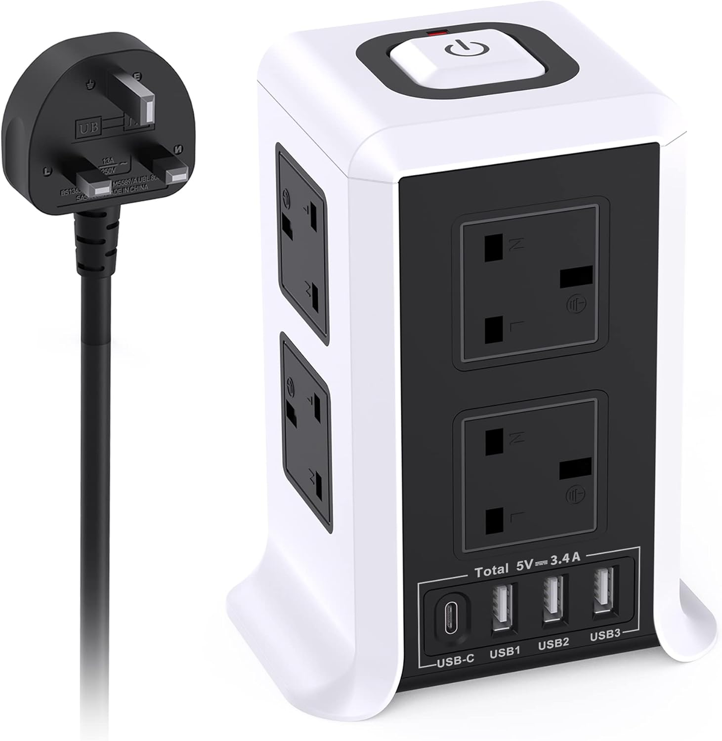 Kemelo Tower Extension Lead with 4 USB Slots, 5M Extension Lead with 8 Way Plug...