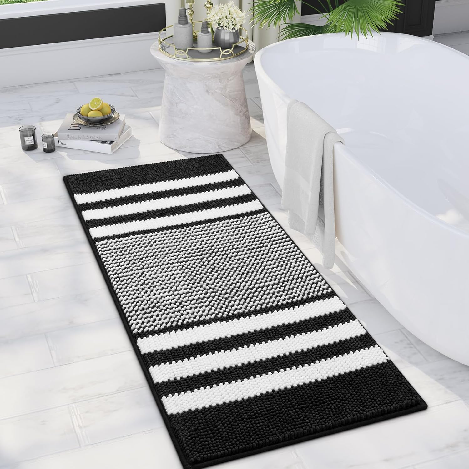 Biscpro Bath Mat Rug Extra Soft and Absorbent Fluffy Striped Chenille,Non Slip S...