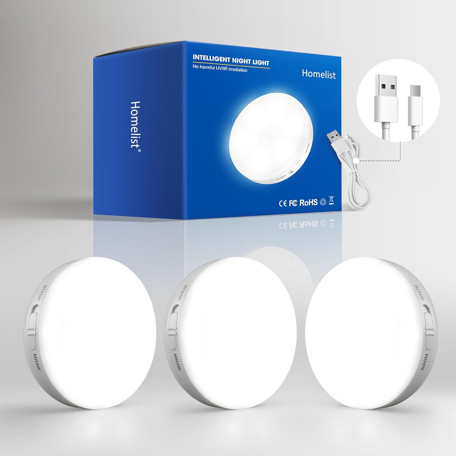 Homelist Motion Sensor Lights Indoor Rechargeable, 3 Pack Wireless Wall Night Li...