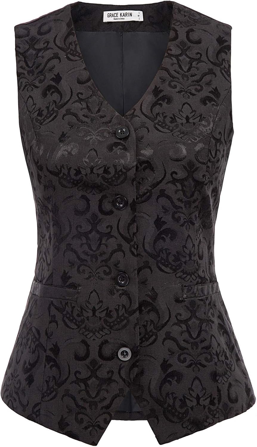 GRACE KARIN Womens Waistcoat Vest Vintage Steampunk Dress Jacquard Jacket Black...