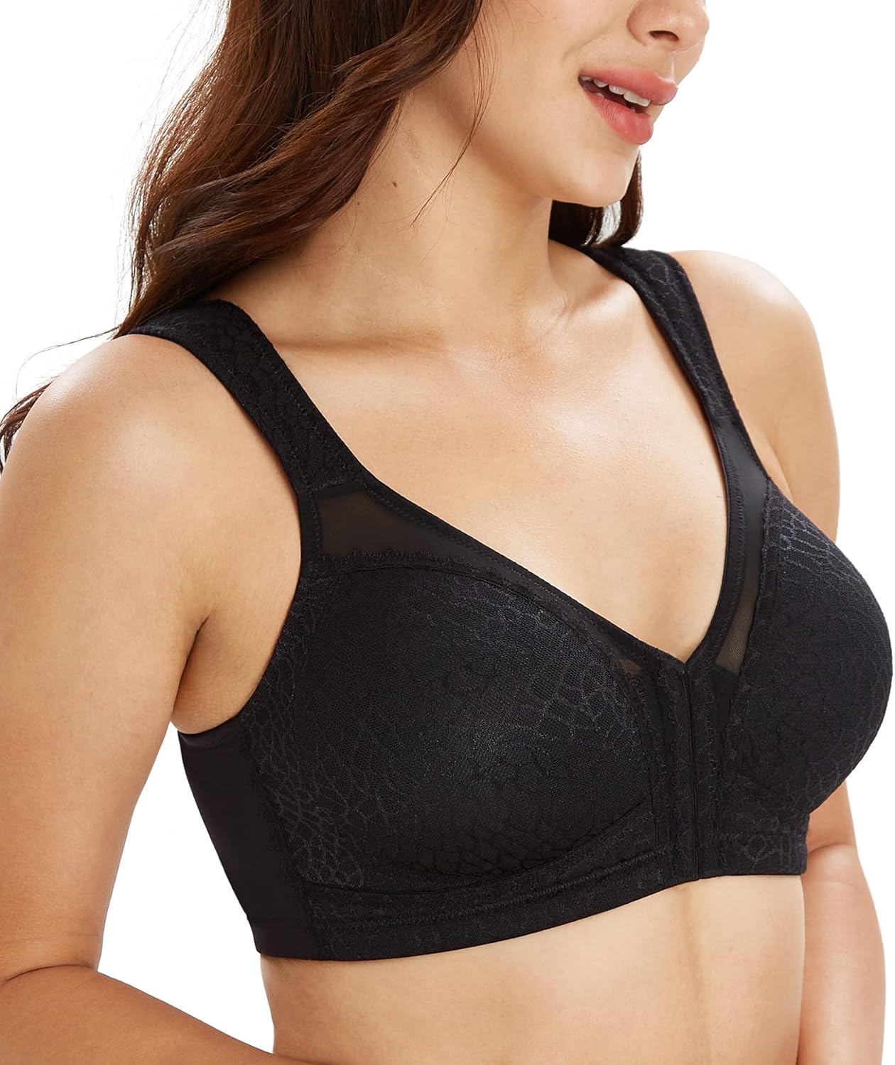 Lemorosy Women's Wirefree Jacquard Back Support Bra Full Figure Front Closure Po...