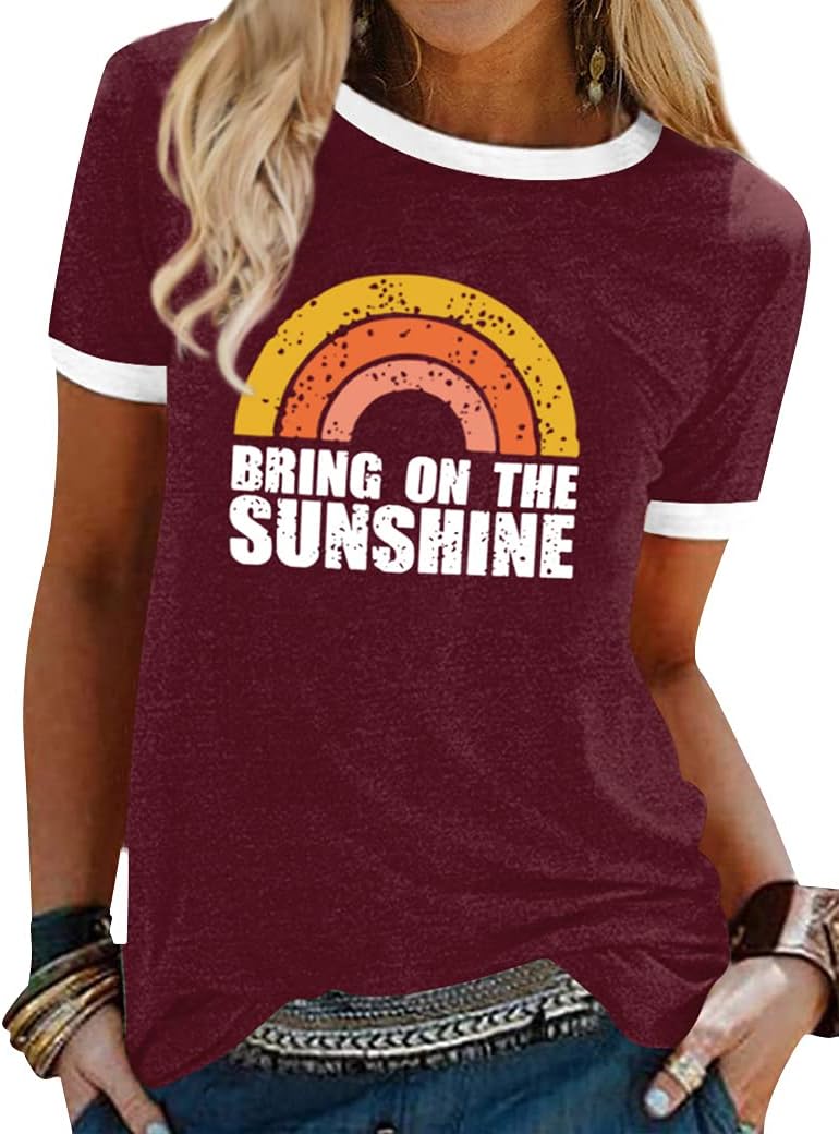 Dresswel Women Bring On The Sunshine T-Shirt Rainbow Graphic Print Short Sleeve...