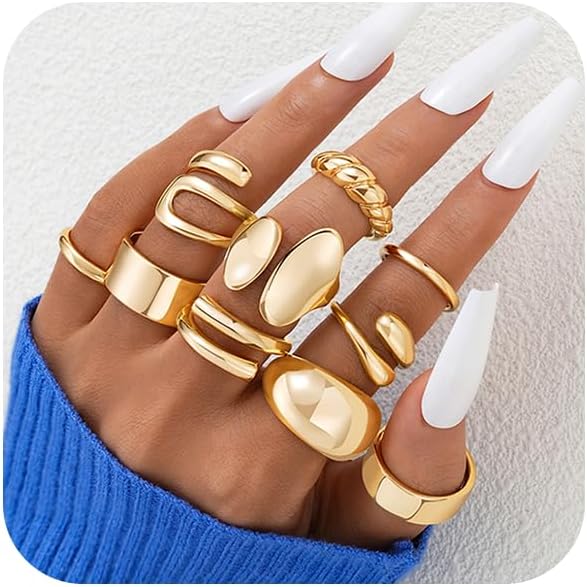 ÌF ME 10 PCS Gold Rings Set for Women Non Tarnish, 18K Gold Plated Chunky Stacka...