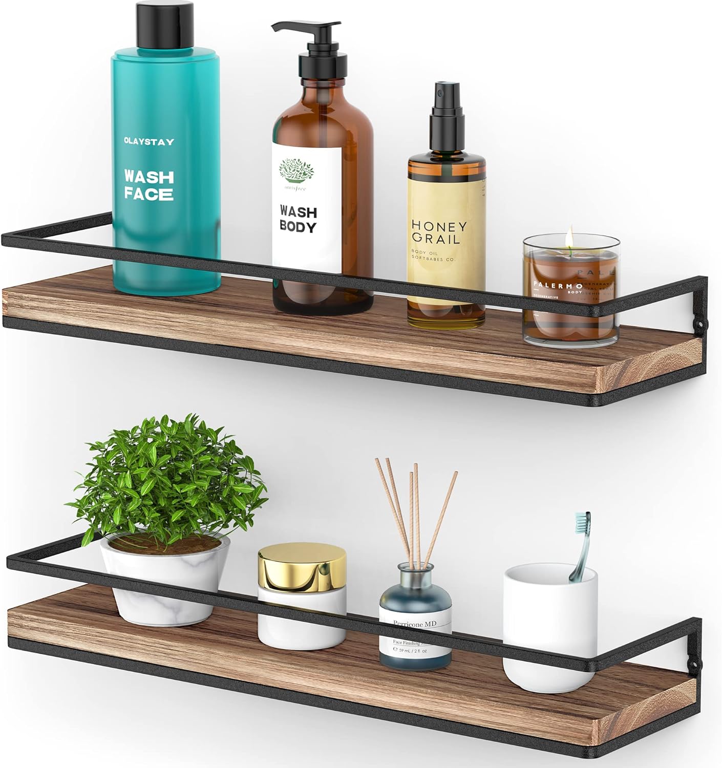Meangood Floating Shelves Wall Mounted Set of 2, Rustic Wood Wall Storage Shelve...