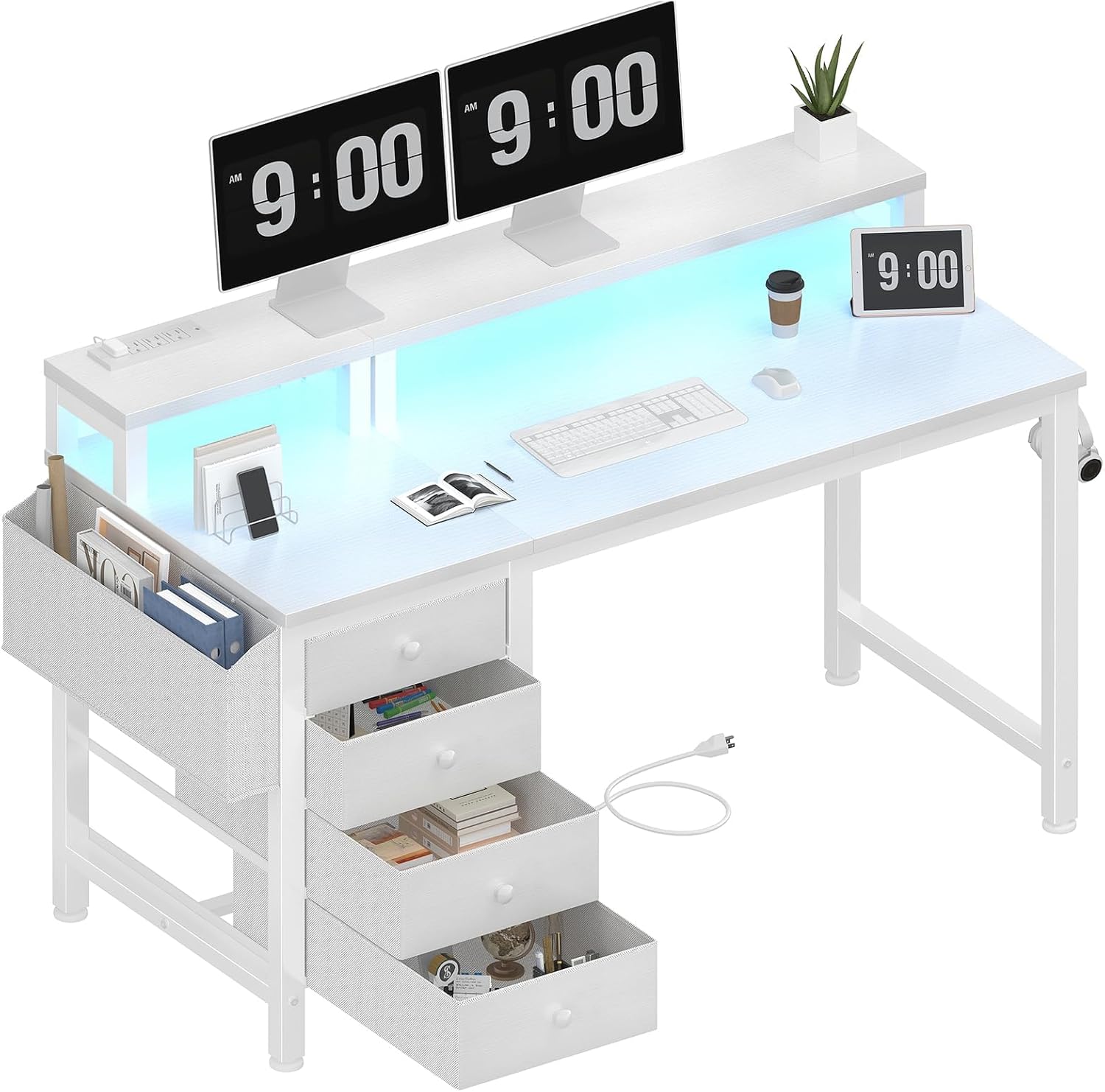 Lufeiya White Desk with 4 Drawers - 47 inch Gaming Desk with Monitor Stand, Reve...