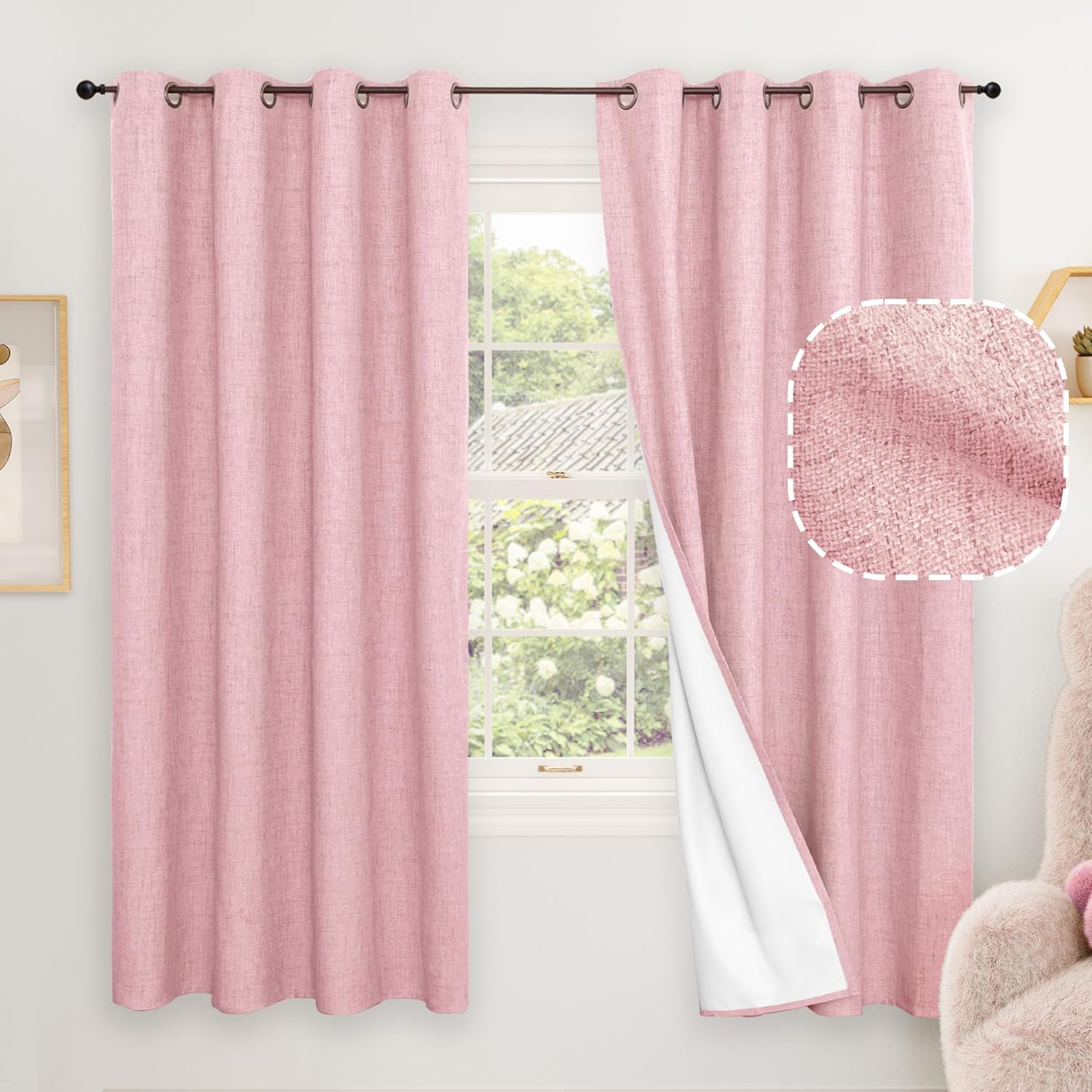 Baby Pink Linen Blackout Curtains for Nursery 63 Inch Length 2 Panels Set, Therm...