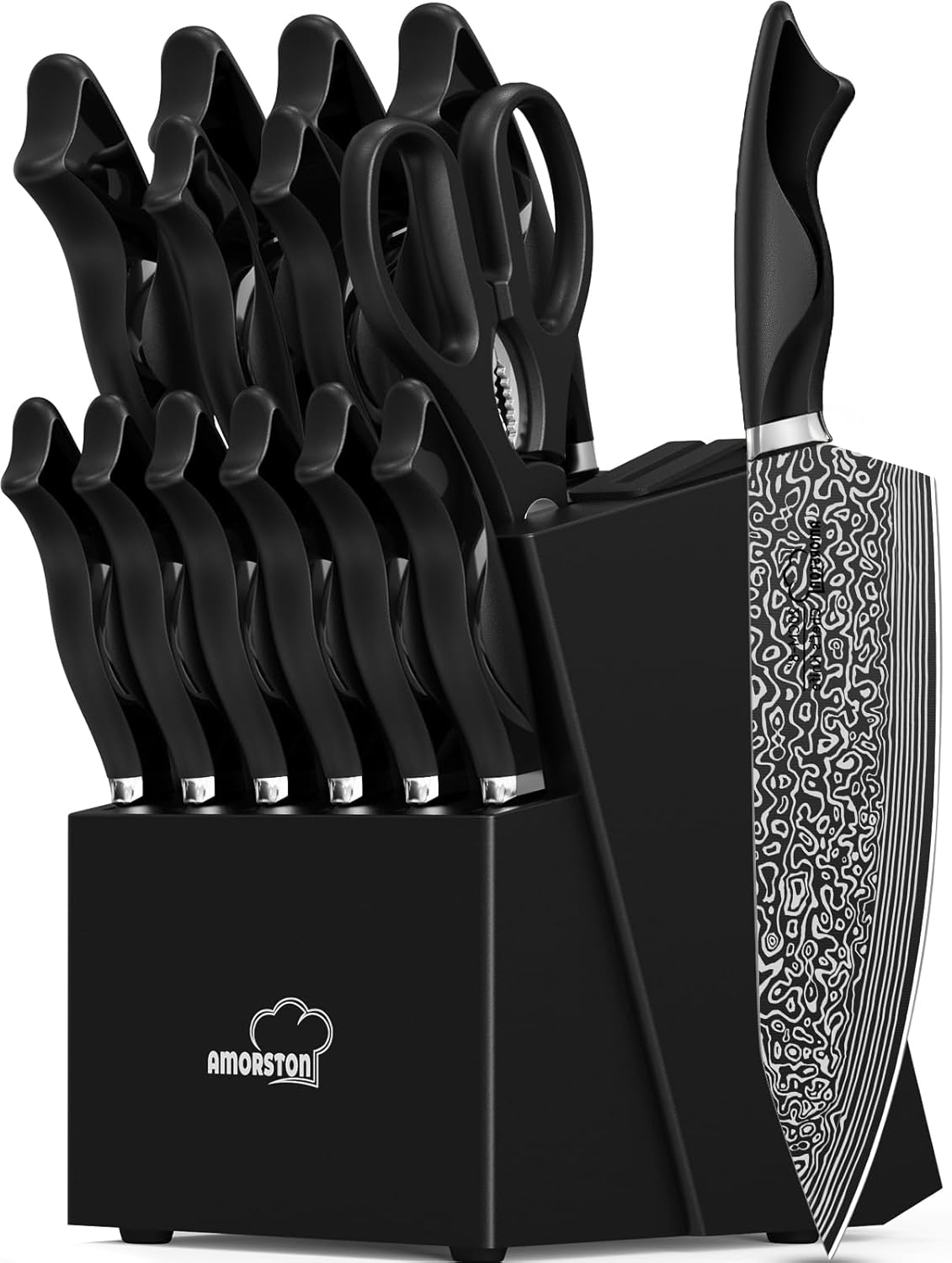 Knife Set, 15 Pieces Kitchen Knife Set with Built in Sharpener, High Carbon Germ...