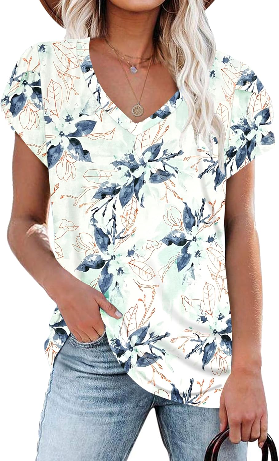 PLOKNRD Women's Casual V-Neck T-Shirt, Long Length, Petal Short Sleeve, Summer C...