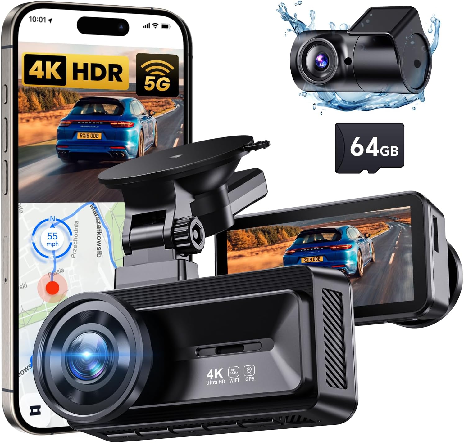 Dash Cam Front and Rear, 4K Full HD Dual Dash Camera for Cars Built-in 5G WiFi G...