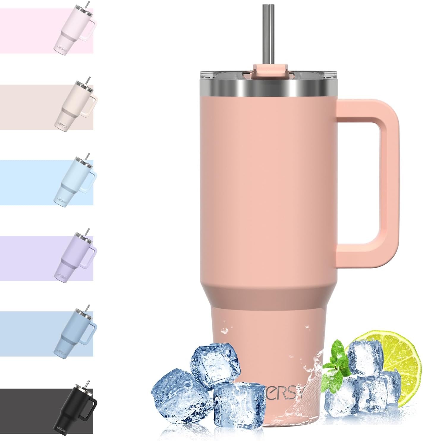 WATERSY Travel Mug Coffee Cup 40oz Tumbler Straw Lid and Handle, Stainless Steel...