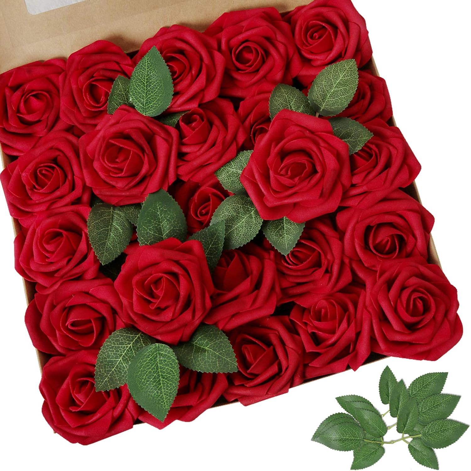 AmyHomie Artificial Flower Dark Red Rose 25pcs Real Looking Fake Roses w/Stem fo...