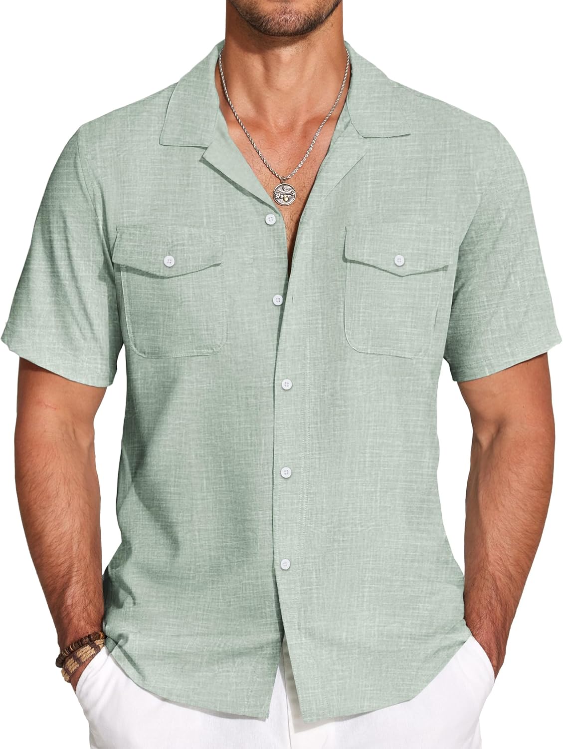 COOFANDY Men's Linen Short Sleeve Button Down Shirt Casual Cuban Collar Summer B...