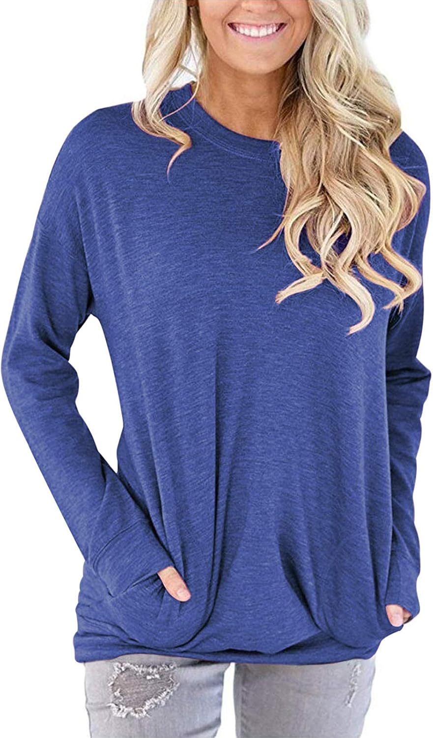 PLOKNRD Women Casual Round Neck Long Sleeve Fit Tunic Top Baggy Comfy Blouse wit...