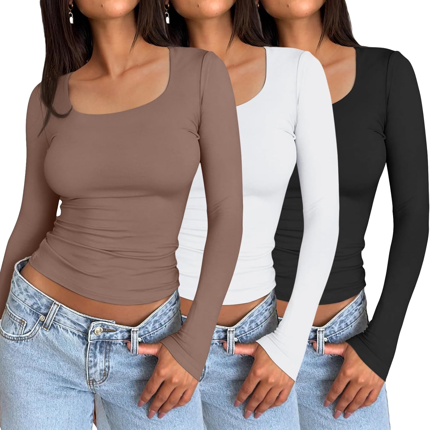AUTOMET 3 Pack Womens Long Sleeve Shirts Fall Fashion Crop Tops Basic Layer Slim...