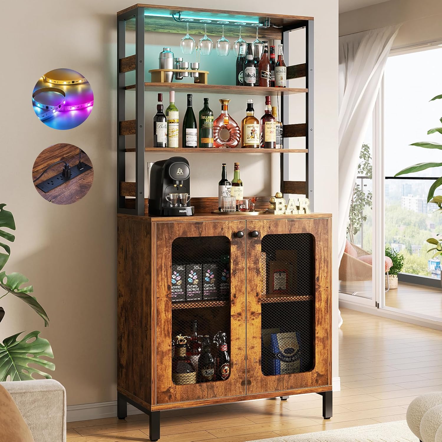 Aheaplus Bar Cabinet with Power Outlets, 67" Tall Wine Bar Cabinet Liquor Cabine...