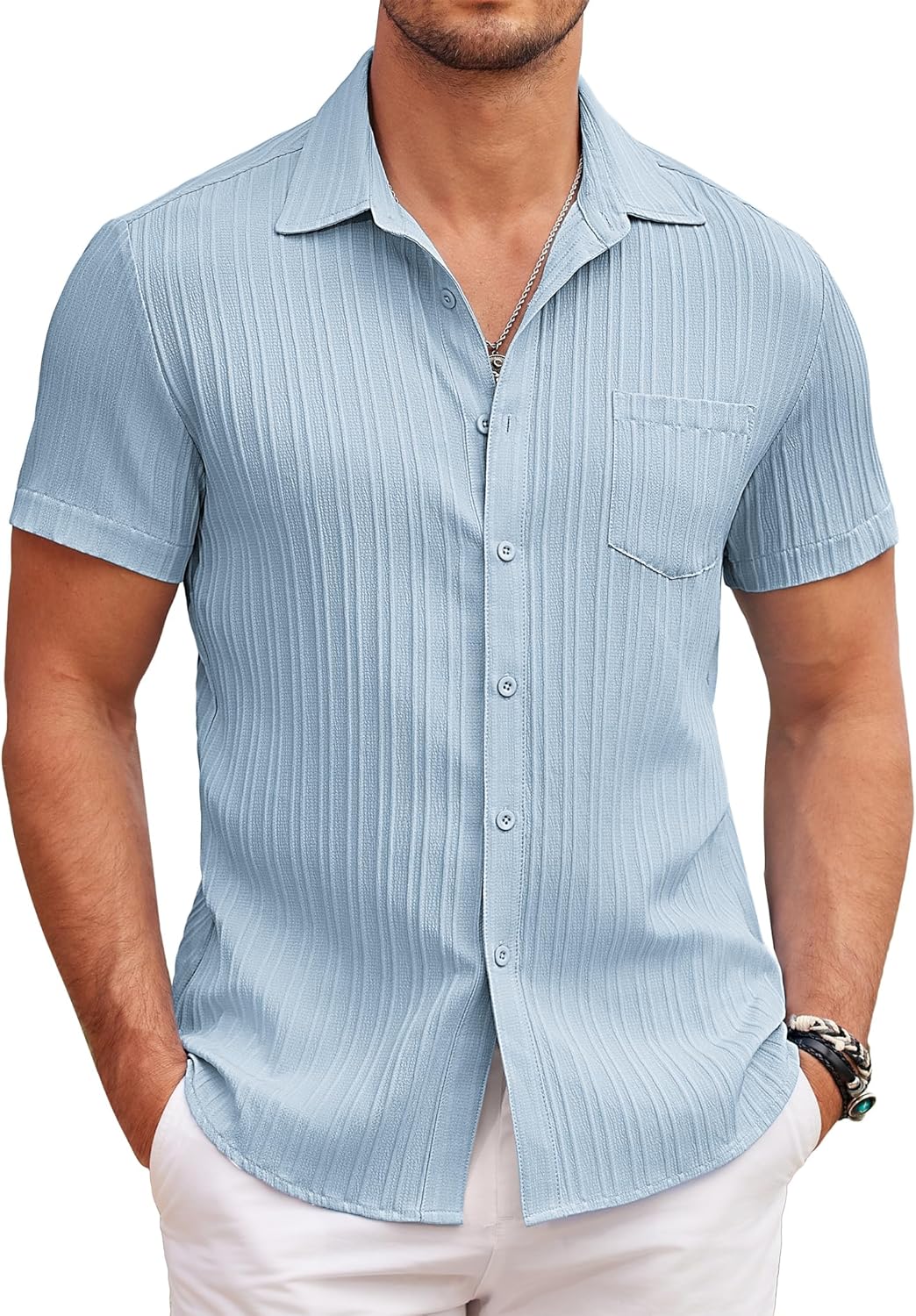 COOFANDY Men's Casual Short Sleeve Shirt Summer Button Down Textured Shirts Regu...