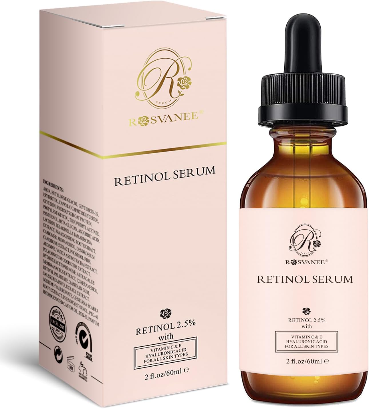 ROSVANEE Retinol Serum for Face 60ml - High Strength with 2.5% Retinol, Hyaluron...