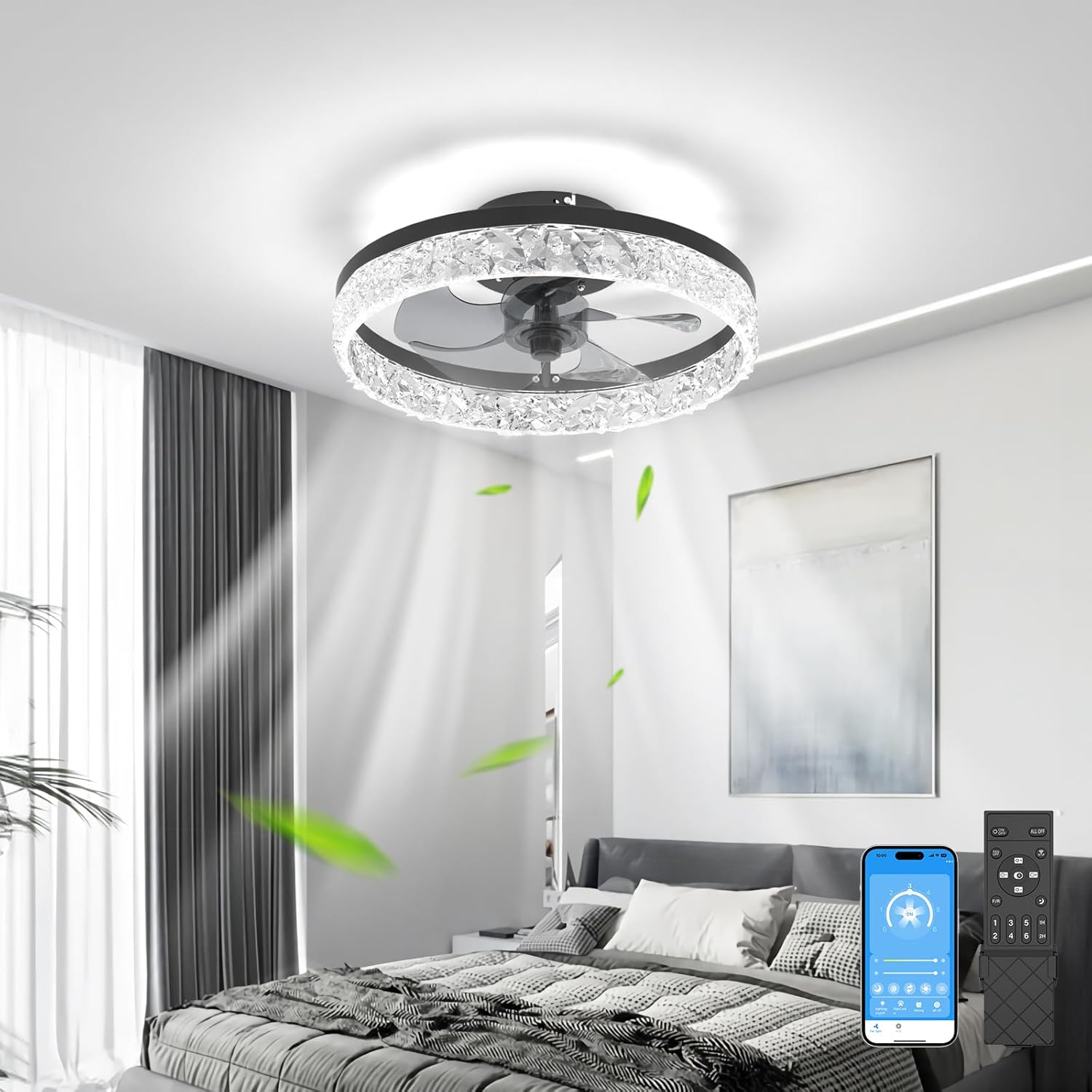 Low Profile Ceiling Fan with Light, 15.7in Flush Mount Fandelier Ceiling Fan wit...