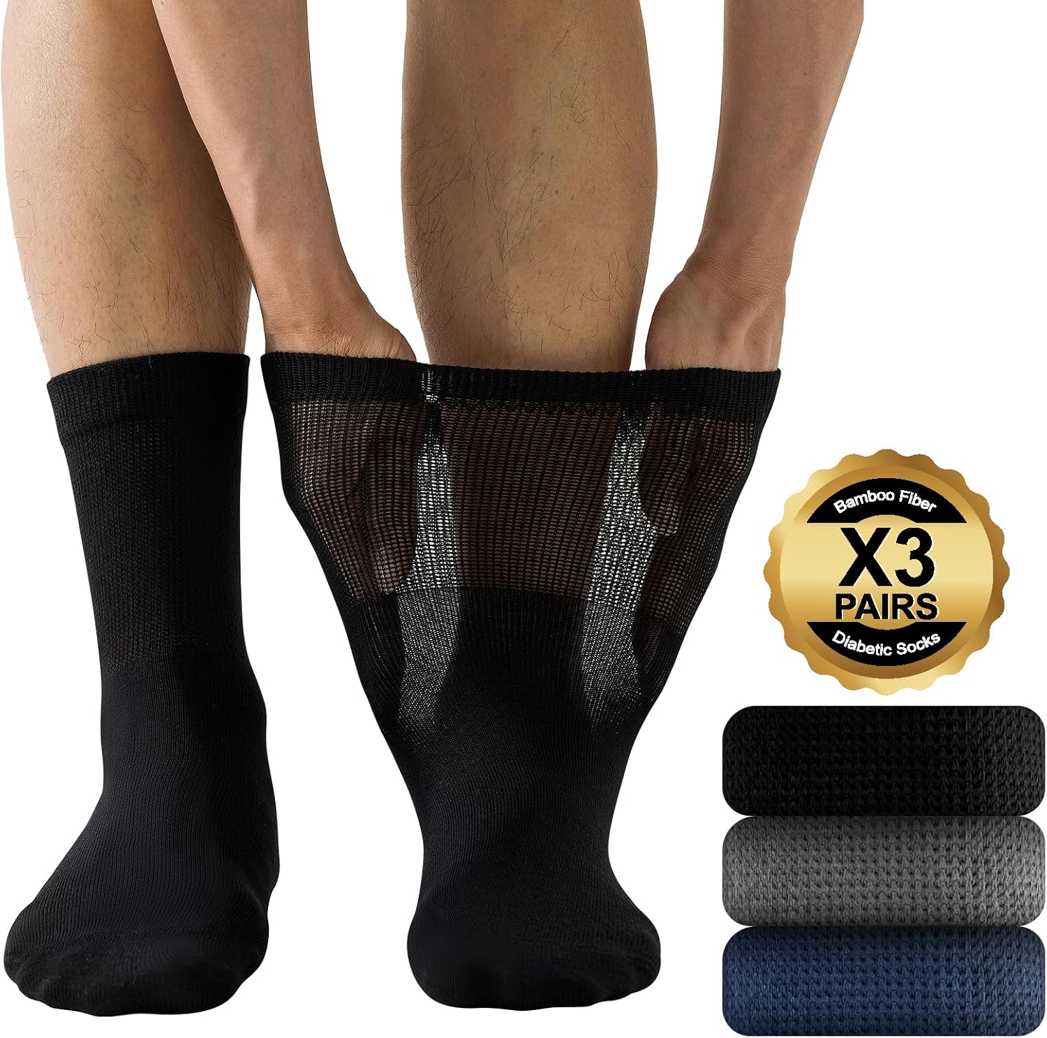 Niorasen Mens Extra Wide Loose Diabetic Socks,3 Pairs Mens Bamboo Socks for Swol...