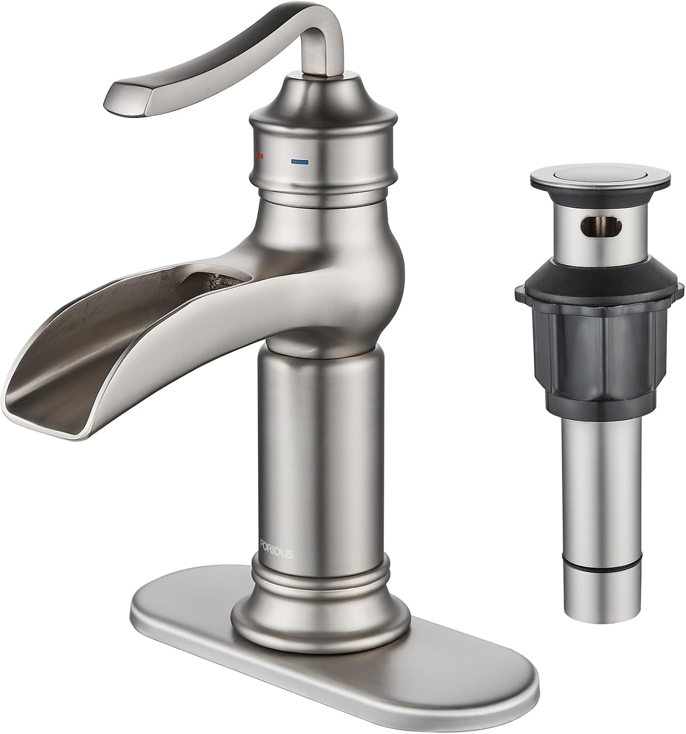 FORIOUS Waterfall Brushed Nickel Bathroom Faucet, Single Handle Bathroom Sink Fa...