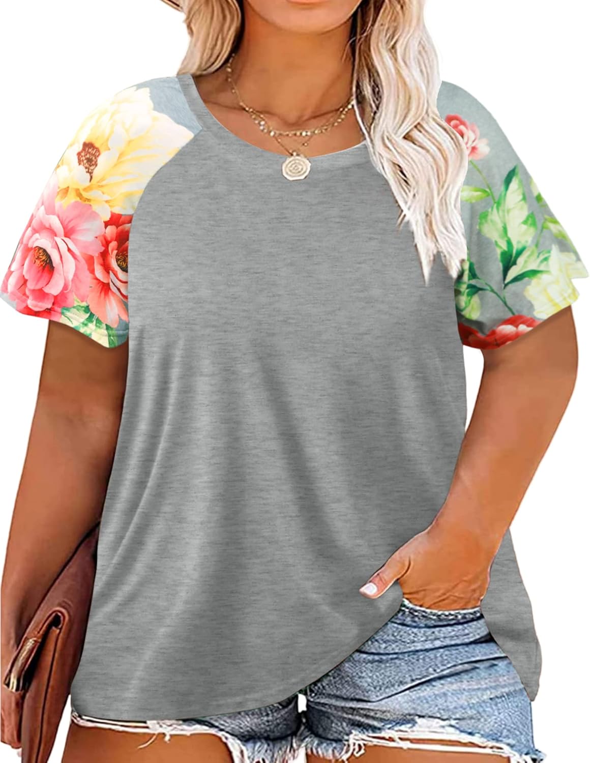 HDLTE Womens Plus Size Tops Floral Bell Sleeves Blouses Summer Crewneck Tunic Lo...