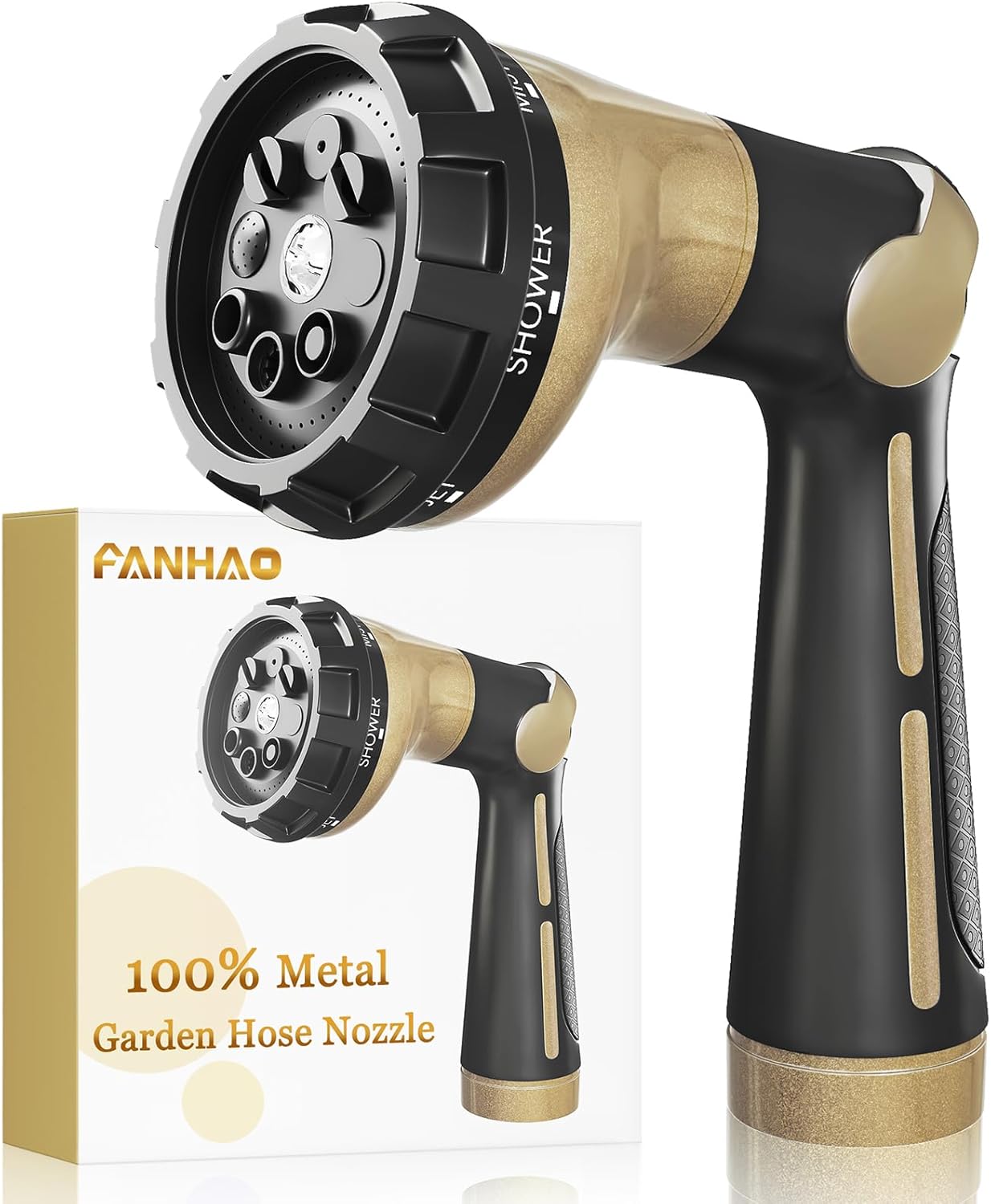 FANHAO Garden Hose Nozzle Heavy Duty, 100% Metal Water Hose Sprayer with 8 Spray...