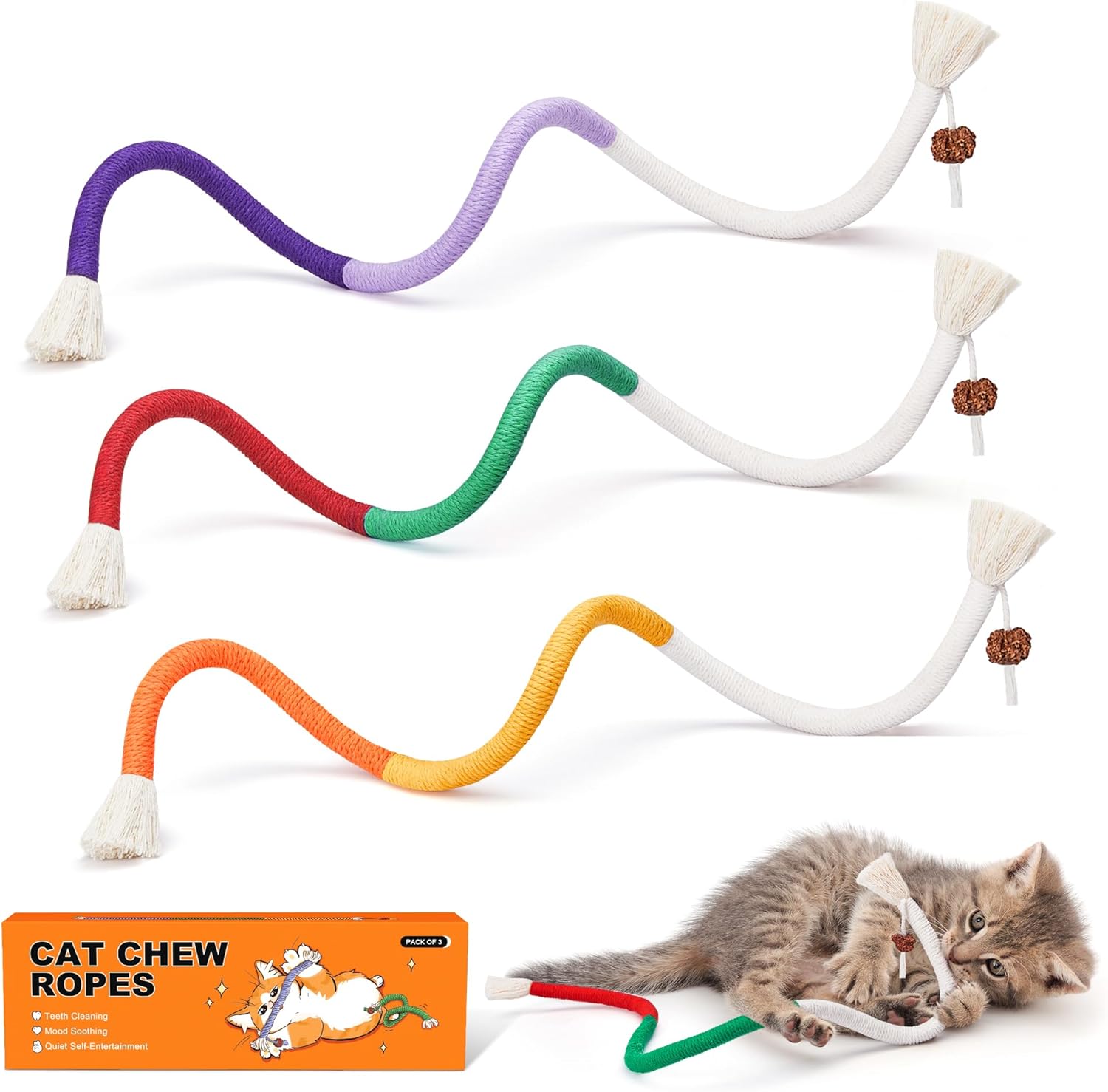 Potaroma Cat Toys Chew Ropes 3Pcs with Refillable Natural Catnip, Safe Teeth Cle...
