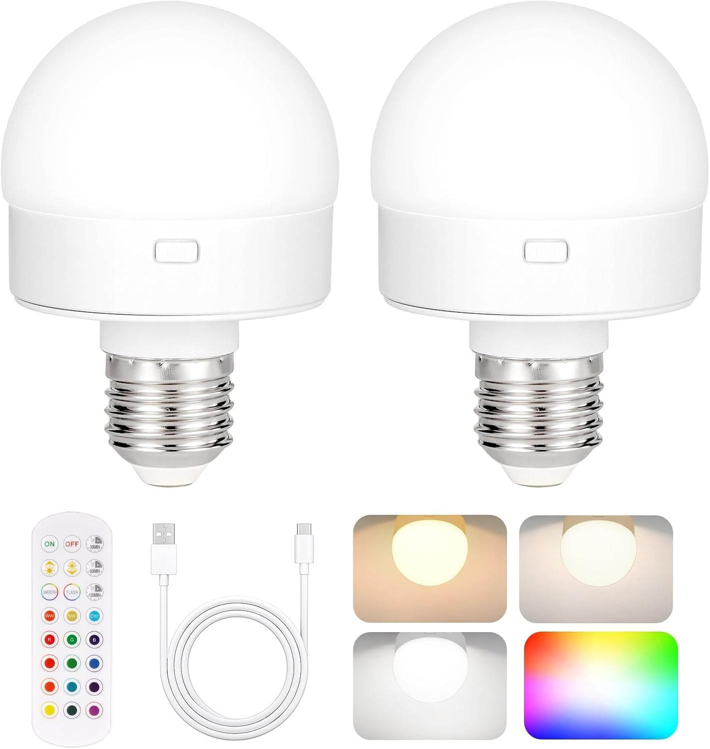 Rechargeable Battery Operated Light Bulb with Remote Control 2 Packs, 350LM Dimm...
