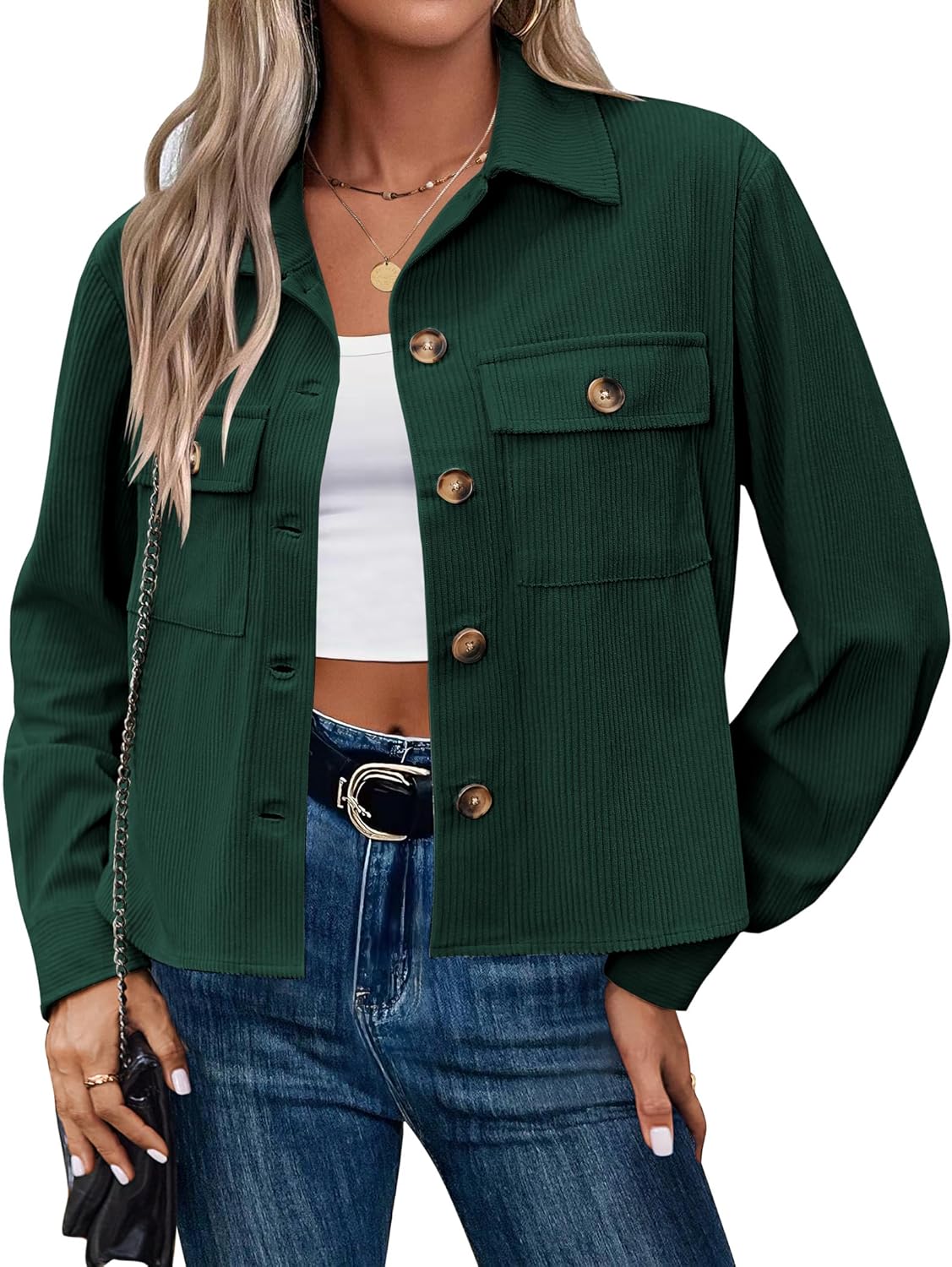 Zeagoo Womens Fashion Cropped Shackets Corduroy Button Down Crop Jackets Tops Lo...