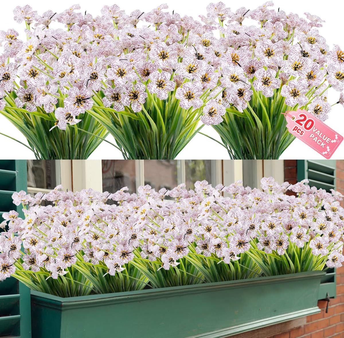20 Bundles Artificial Outdoor Flowers UV Resistant Fake Flowers No Fade Faux Pla...