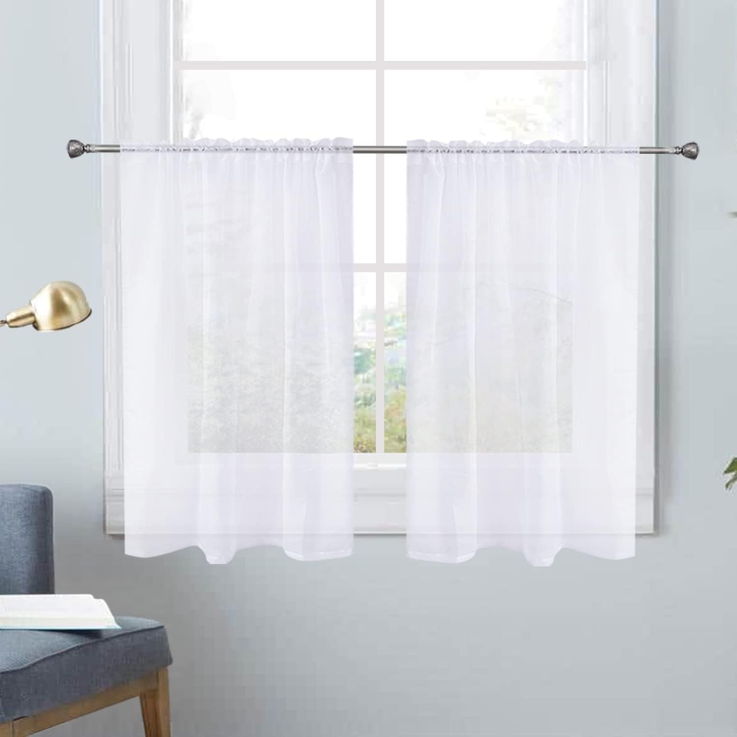SpaceDresser White Kitchen Sheer Valance Curtains 40 Inch, Voile Sheer Cafe Curt...