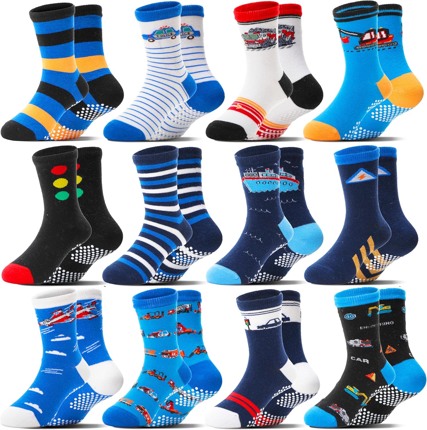 Welwoos 12 Pairs Baby Boys Toddlers Grips Socks Non Slip Funny Cartoon Cosy Brea...