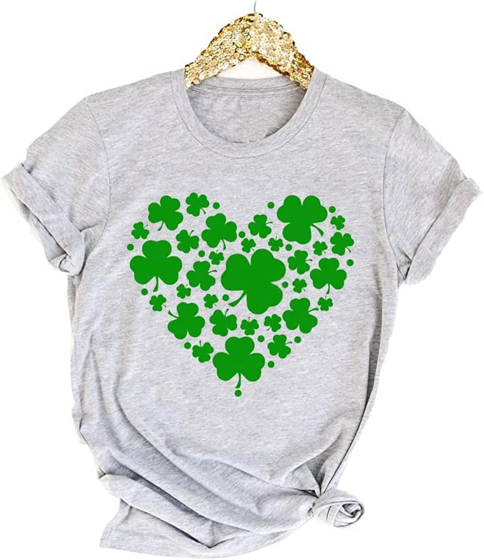 Womens St Patrick's Day Clover T-Shirt Shamrock Heart Graphic Tees Get Lucky Shi...
