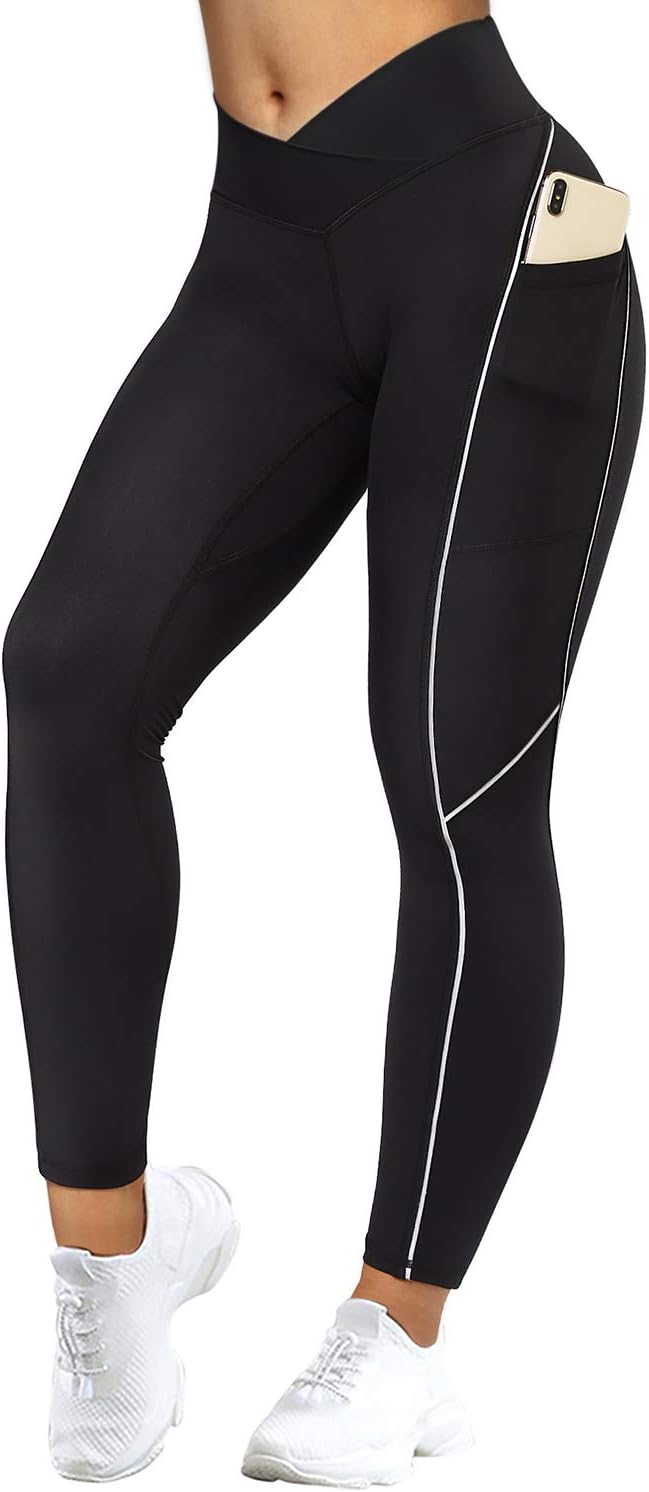MOOSLOVER Women V Cross Waist Butt Lifting Leggings with Pockets High Waisted Yo...