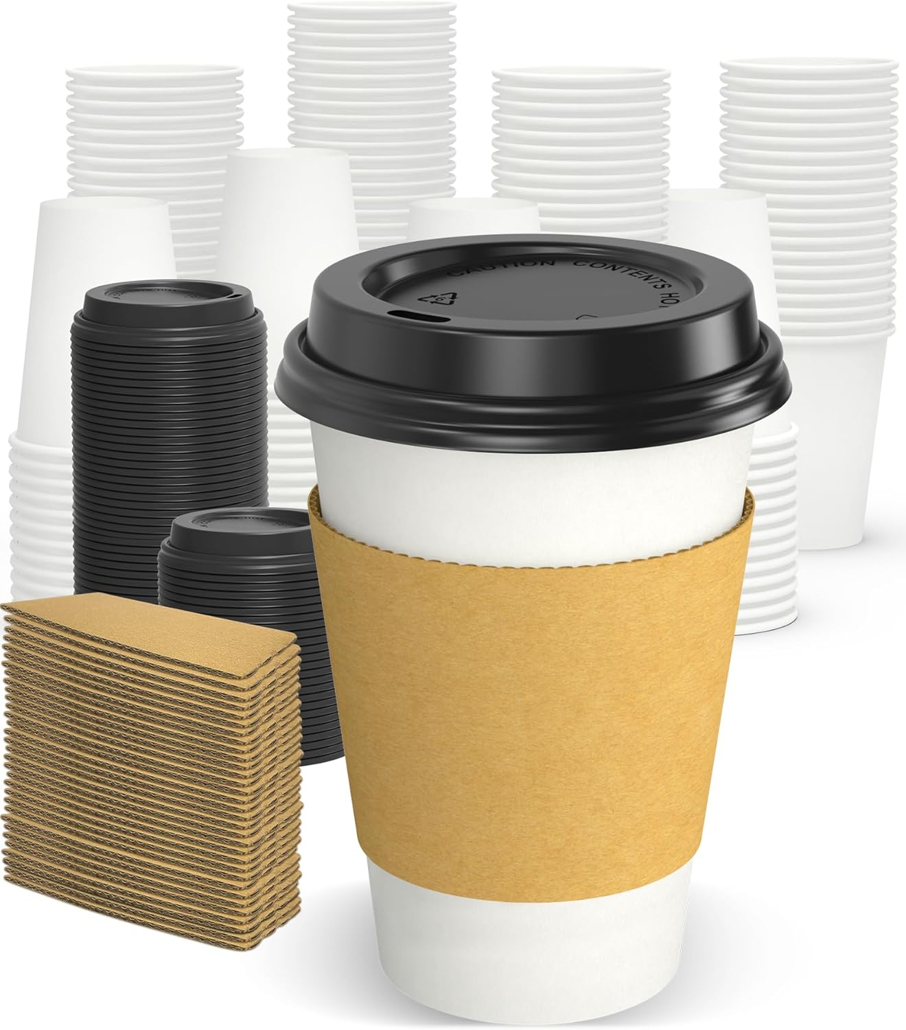 100 Pack 12 oz Disposable Coffee Cups with Lids and Sleeves, Sturdy Thick Paper...