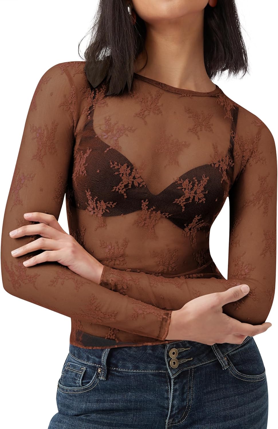 AKEWEI Womens Mesh Long Sleeve Tops Crew Neck Sexy See Through Tee Shirts Party...