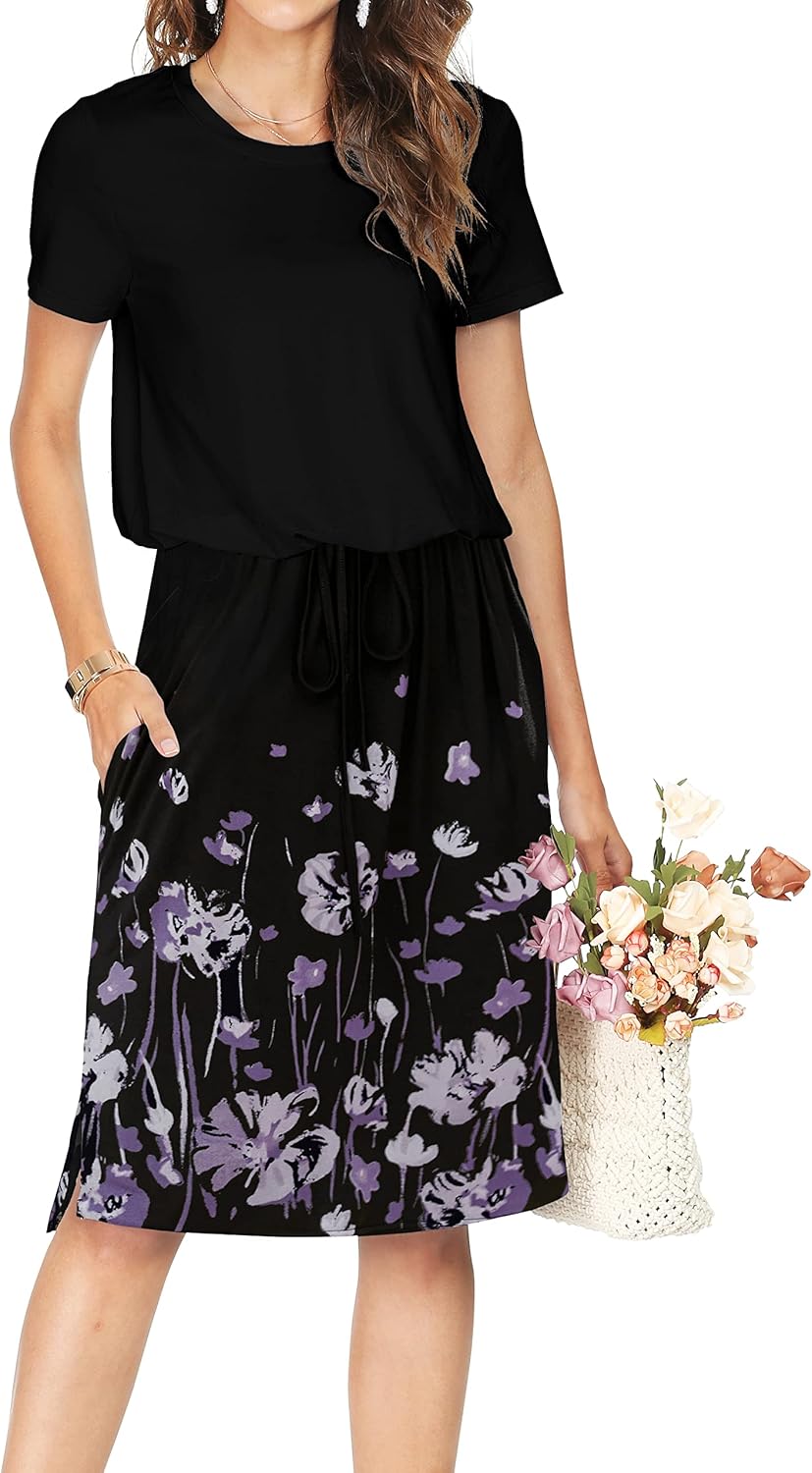 Womens Summer Hide Belly Knee Length Travel Dress Pocket 2025 Spring Short Sleev...
