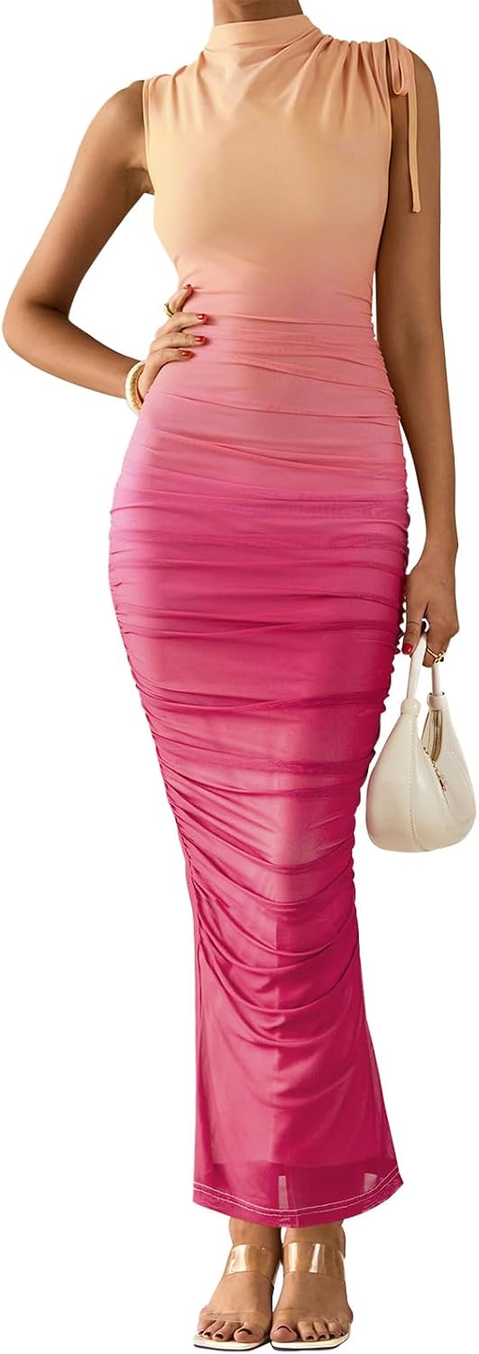 PRETTYGARDEN Women's Summer Maxi Floral Dresses Ruched Bodycon Sleeveless Mesh F...